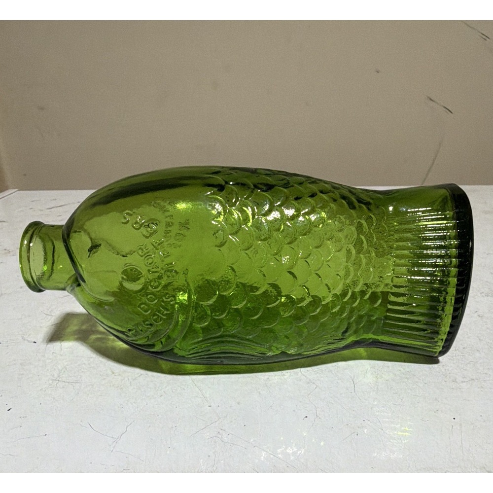 Green Glass Fish-Shaped Bottle, Embossed Wheaton Glass Works, 10 oz